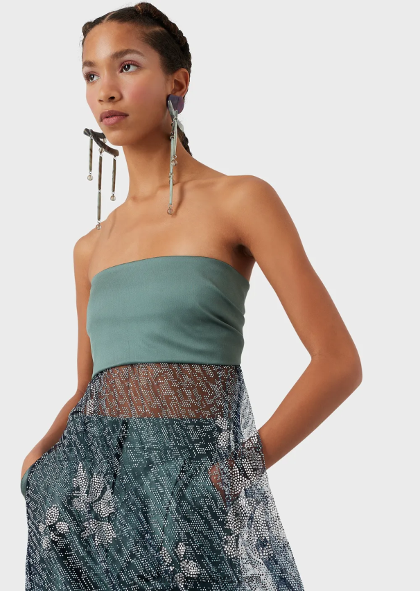 moterysArmani ilga suknelė su liemeniu ir sijonu iš krištoliniu akmeniu dengto tiulio 02482X129