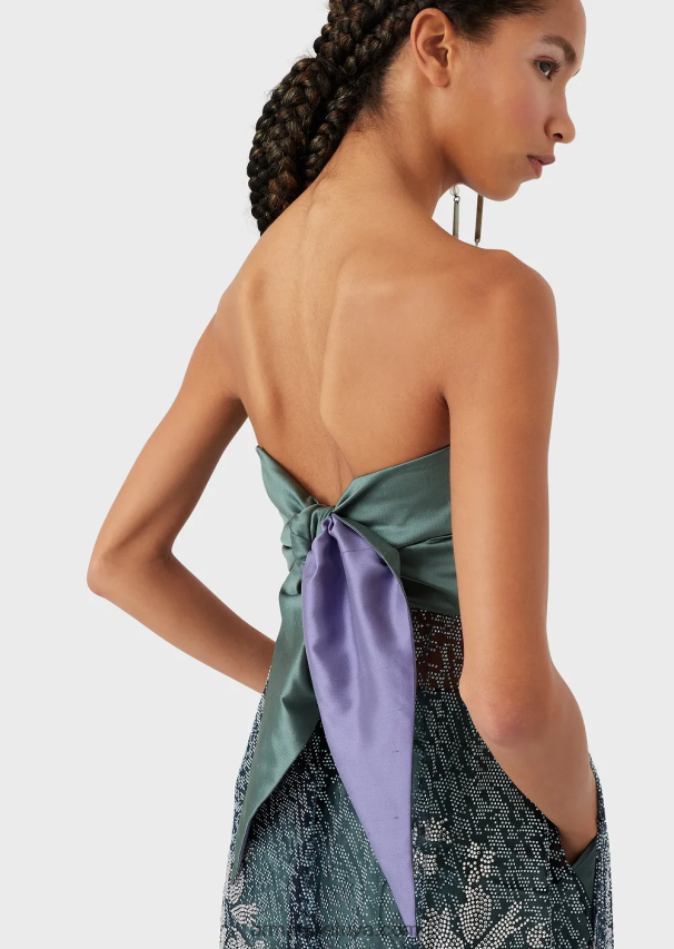 moterysArmani ilga suknelė su liemeniu ir sijonu iš krištoliniu akmeniu dengto tiulio 02482X129