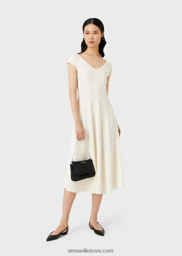 moterys baltas Armani Techno-Cady platėjanti midi suknelė su V kaklu 02482X77
