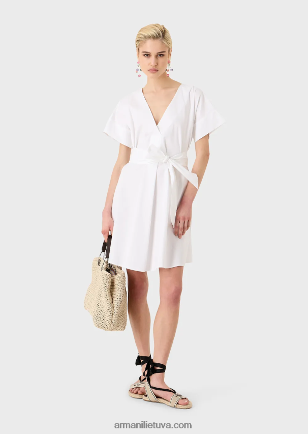 moterys baltas Armani šlifuota medvilnė suknelė su varčia 02482X94