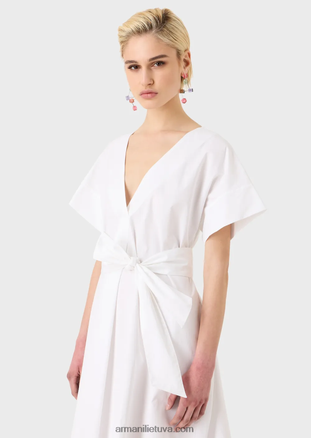 moterys baltas Armani šlifuota medvilnė suknelė su varčia 02482X94