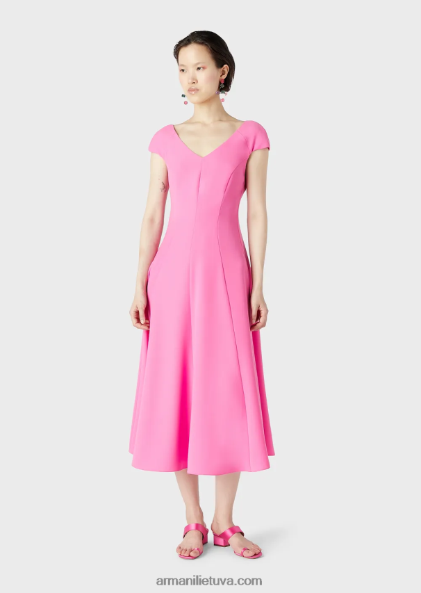 moterys fuksija Armani Techno-Cady platėjanti midi suknelė su V kaklu 02482X78