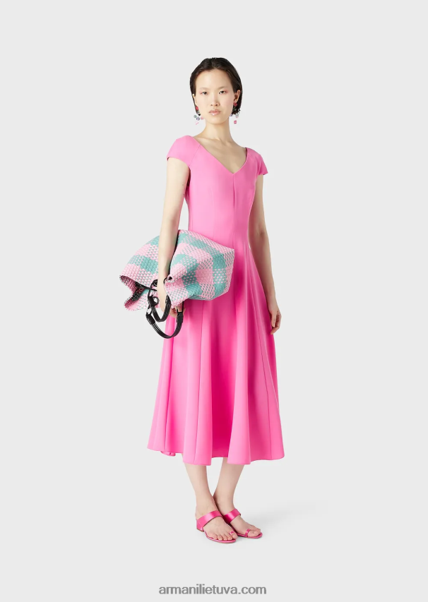 moterys fuksija Armani Techno-Cady platėjanti midi suknelė su V kaklu 02482X78