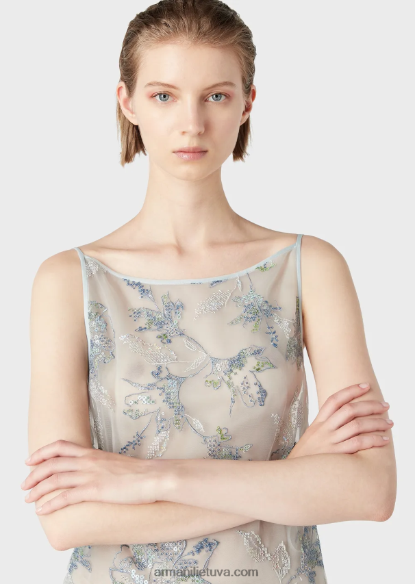 moterys gėlės Armani Suknelė su tiulio apvalkalu su gėlių siuvinėjimais ir vaivorykštės blizgučiais 02482X123