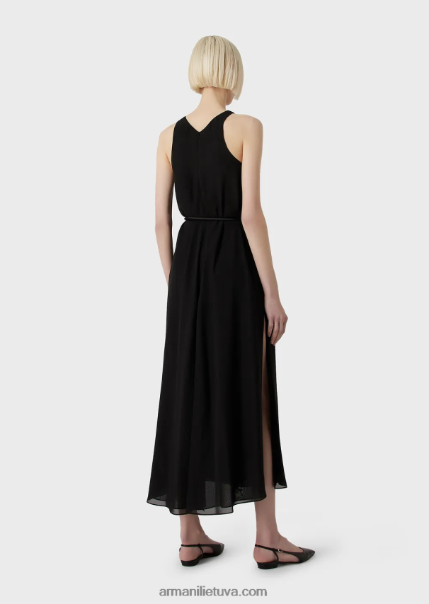 moterys juodas Armani Krepono ilga suknelė be rankovių su skeltukais šonuose 02482X73