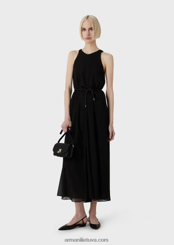 moterys juodas Armani Krepono ilga suknelė be rankovių su skeltukais šonuose 02482X73