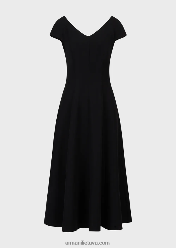 moterys juodas Armani Techno-Cady platėjanti midi suknelė su V kaklu 02482X76