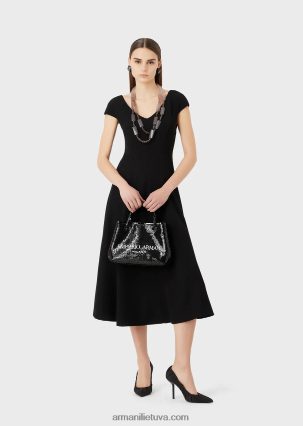 moterys juodas Armani Techno-Cady platėjanti midi suknelė su V kaklu 02482X76