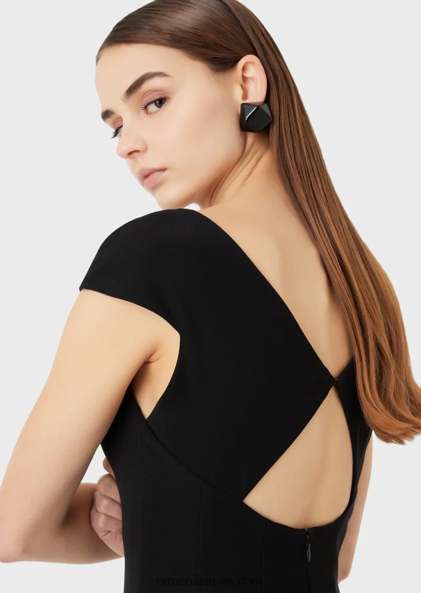 moterys juodas Armani Techno-Cady platėjanti midi suknelė su V kaklu 02482X76