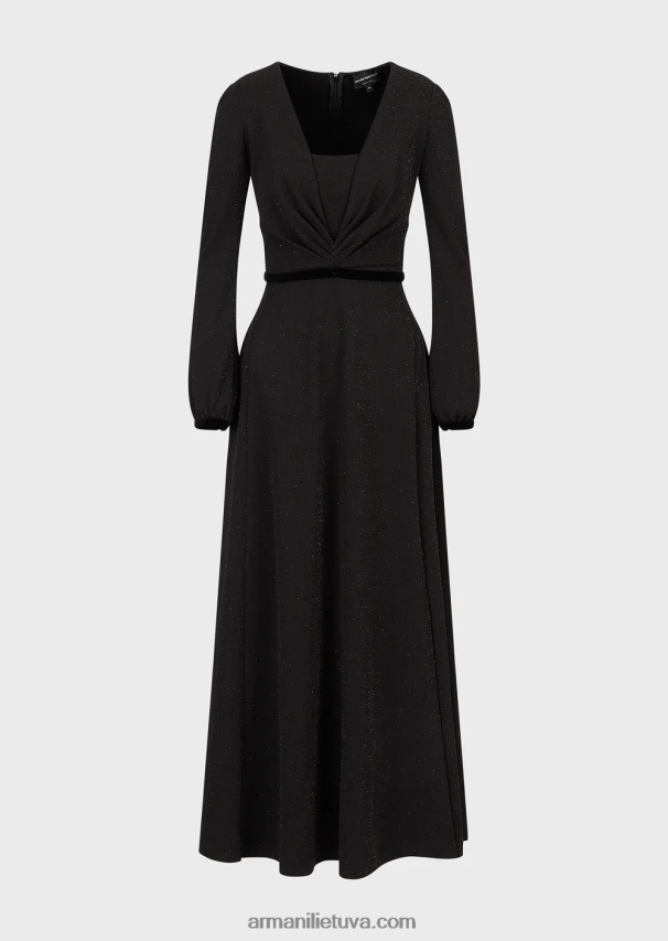 moterys juodas Armani V formos iškirptė midi suknelė su klostuotomis detalėmis iš lurekso audinio 02482X116