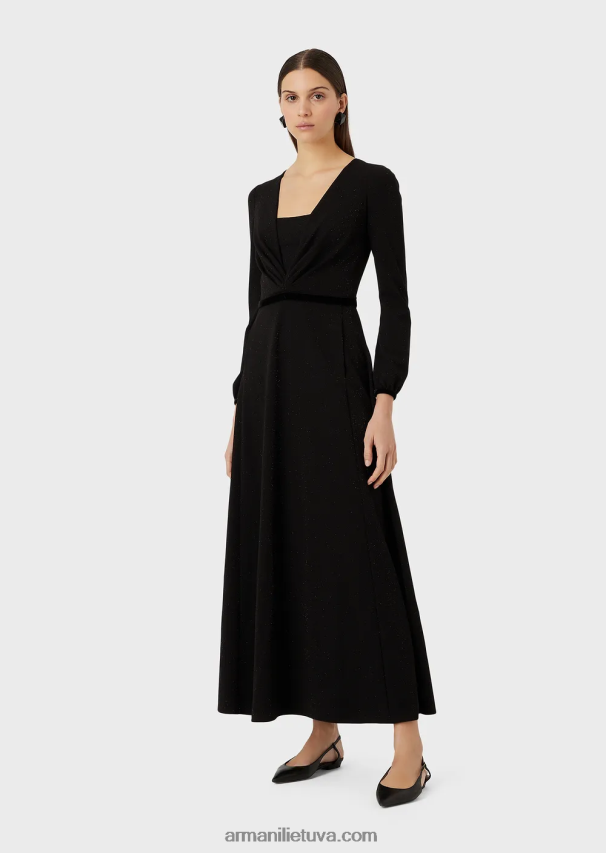 moterys juodas Armani V formos iškirptė midi suknelė su klostuotomis detalėmis iš lurekso audinio 02482X116