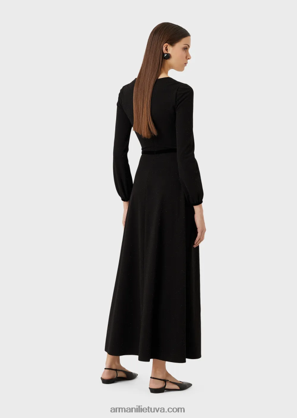moterys juodas Armani V formos iškirptė midi suknelė su klostuotomis detalėmis iš lurekso audinio 02482X116
