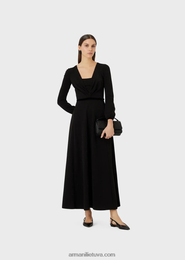 moterys juodas Armani V formos iškirptė midi suknelė su klostuotomis detalėmis iš lurekso audinio 02482X116
