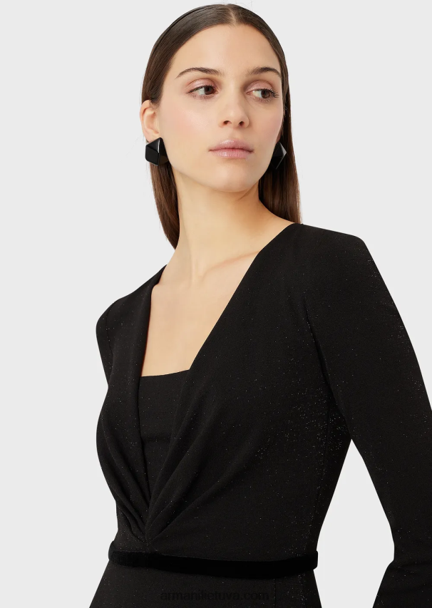 moterys juodas Armani V formos iškirptė midi suknelė su klostuotomis detalėmis iš lurekso audinio 02482X116