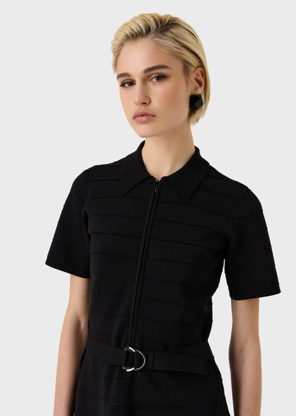 moterys juodas Armani dryžuoto efekto trikotažo audinio suknelė su diržu 02482X68