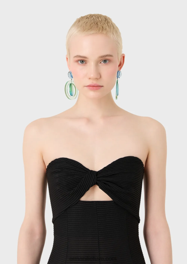 moterys juodas Armani ilga suknelė iš rumbuoto barre audinio su miela iškirpte 02482X127