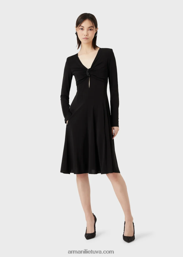 moterys juodas Armani suknelė su akutėmis ir kalnų krištolais iš tamprio trikotažo krepo 02482X87