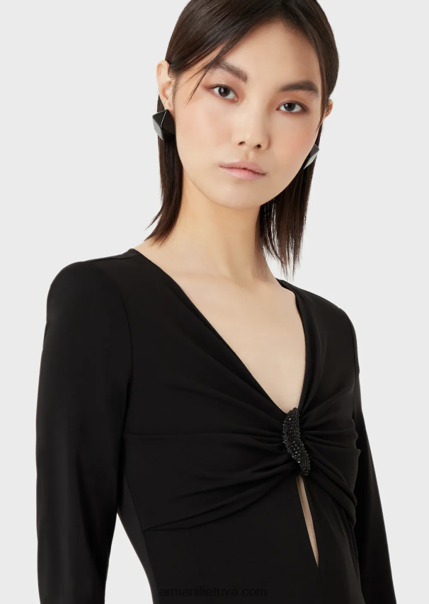 moterys juodas Armani suknelė su akutėmis ir kalnų krištolais iš tamprio trikotažo krepo 02482X87