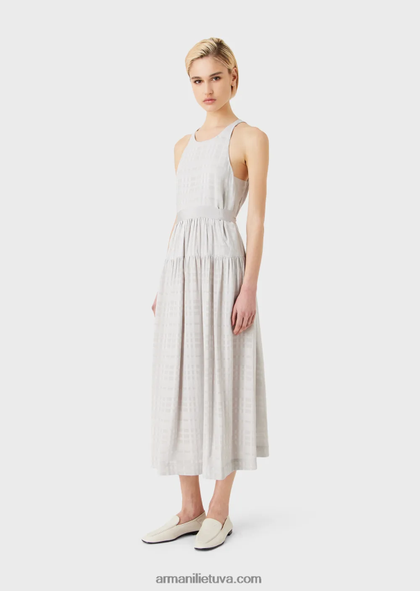 moterys pilka Armani čekis viskozės ilga suknelė be rankovių su grosgrain diržu 02482X70