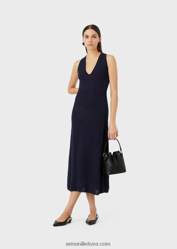 moterys tamsiai mėlyna Armani chevron motyvo megzta ilga suknelė 02482X111