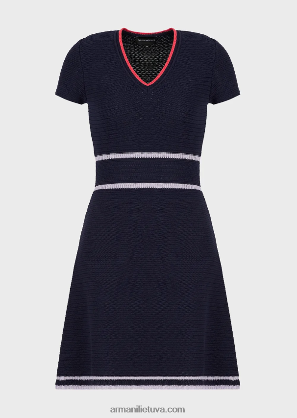 moterys tamsiai mėlyna Armani megzta milano dygsnio suknelė V formos iškirpte 02482X98