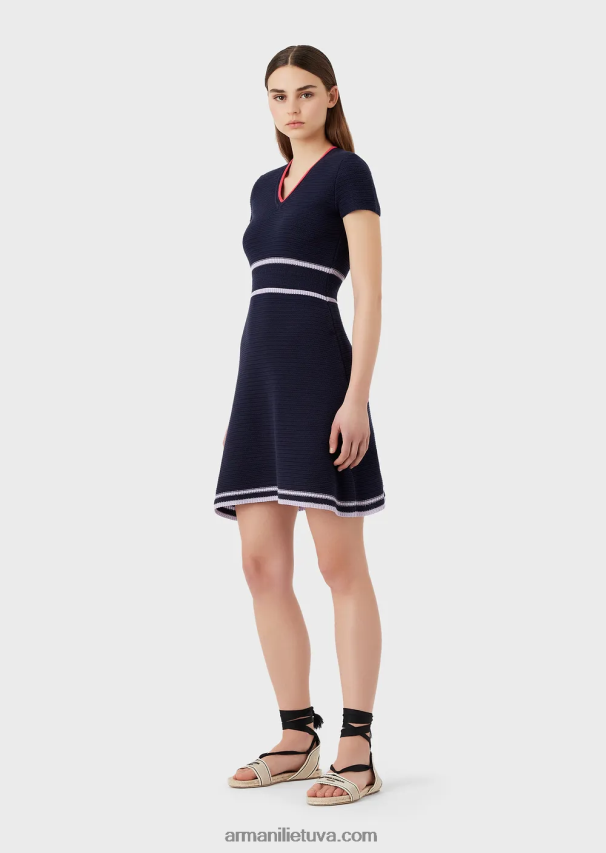 moterys tamsiai mėlyna Armani megzta milano dygsnio suknelė V formos iškirpte 02482X98
