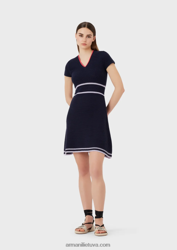 moterys tamsiai mėlyna Armani megzta milano dygsnio suknelė V formos iškirpte 02482X98