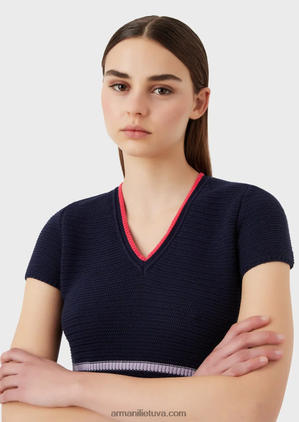 moterys tamsiai mėlyna Armani megzta milano dygsnio suknelė V formos iškirpte 02482X98