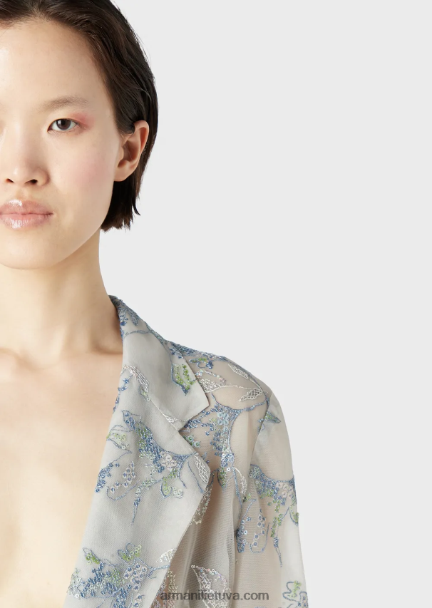 moterysArmani tiulio vienaeilis švarkas su gėlių siuvinėjimais ir vaivorykštės blizgučiais 02482X61