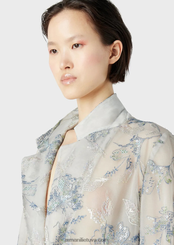 moterysArmani tiulio vienaeilis švarkas su gėlių siuvinėjimais ir vaivorykštės blizgučiais 02482X61