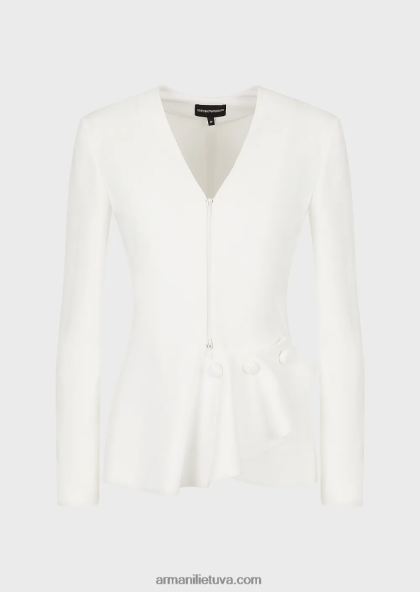 moterys baltas Armani Milano dygsnio audinio švarkas su užtrauktuku su raukiniais 02482X38