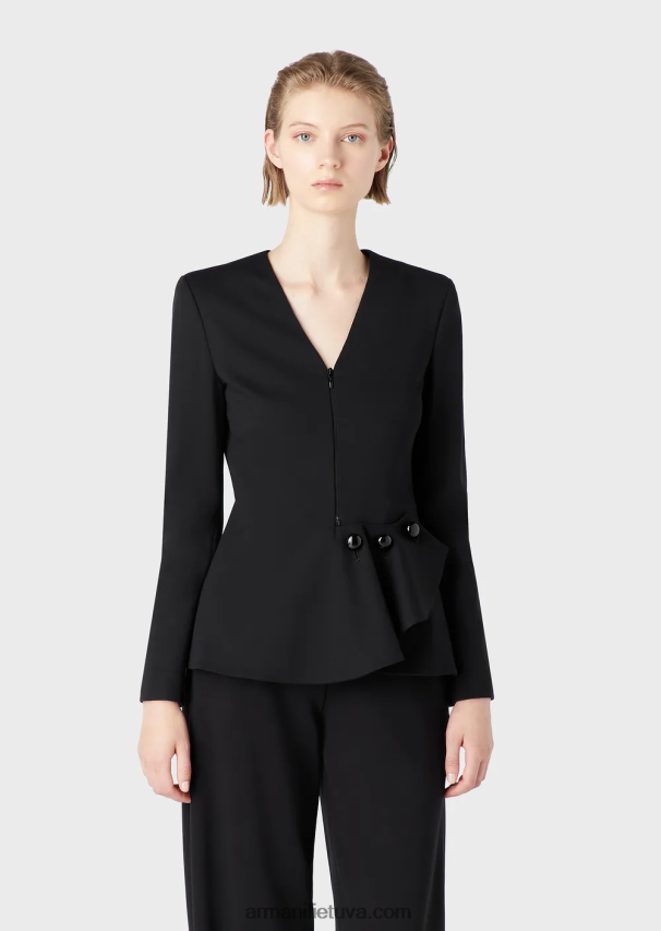 moterys juodas Armani Milano dygsnio audinio švarkas su užtrauktuku su raukiniais 02482X37