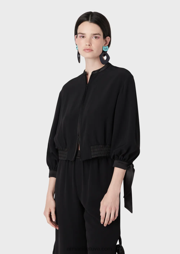 moterys juodas Armani techninė satino palaidinė su atlasinėmis detalėmis 02482X60