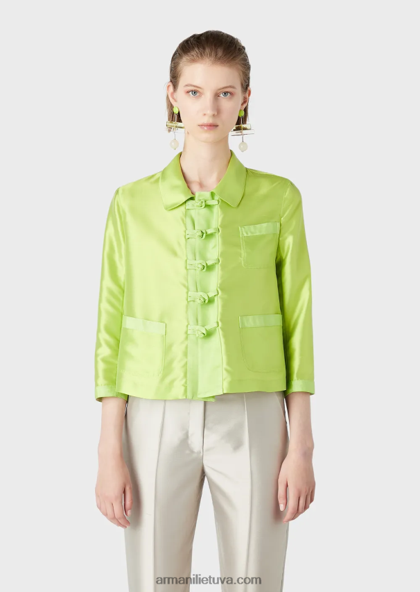 moterys laimo žalia Armani šilko mišinio shantung bolero su 3/4 rankovėmis ir jungikliais 02482X48