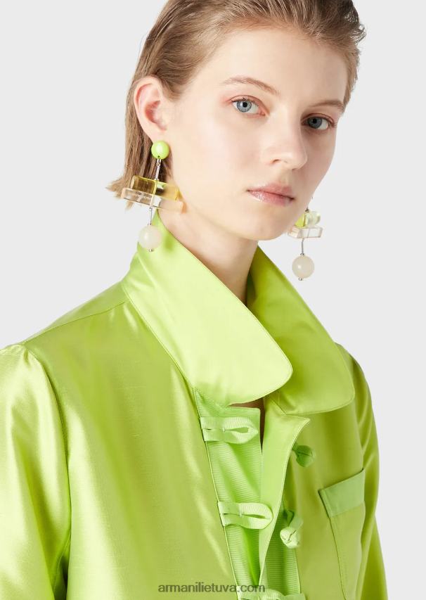 moterys laimo žalia Armani šilko mišinio shantung bolero su 3/4 rankovėmis ir jungikliais 02482X48