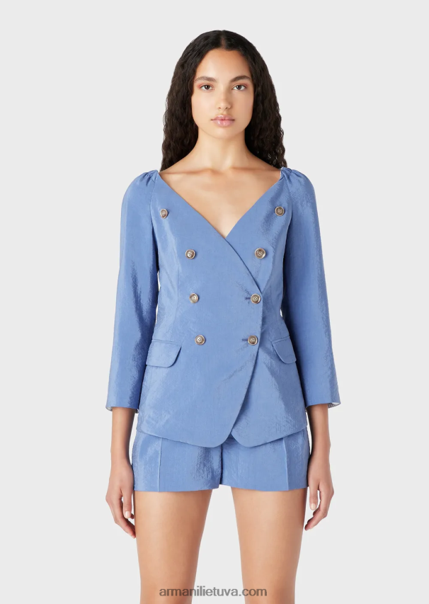 moterys mėlyna Armani dvieilis švarkas be atvartų iš išskalbto techninio šilko 02482X45