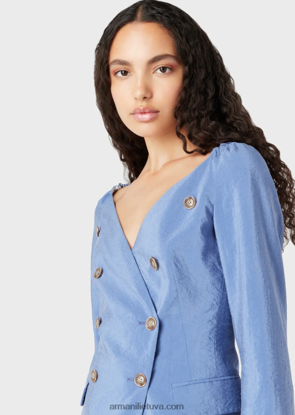 moterys mėlyna Armani dvieilis švarkas be atvartų iš išskalbto techninio šilko 02482X45