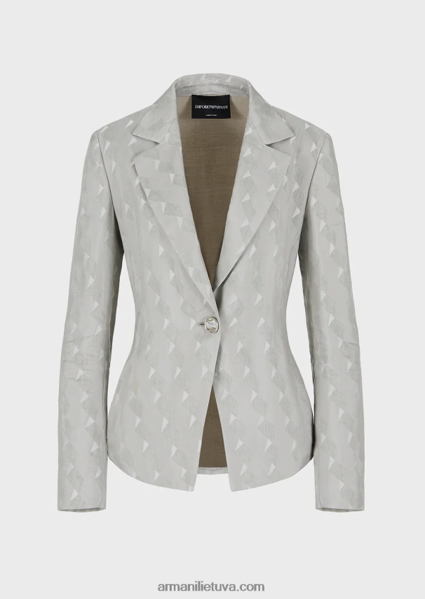 moterys pilka Armani vieneilis švarkas iš skysto vario ir lino mišinio žakardo su geometriniu raštu 02482X62