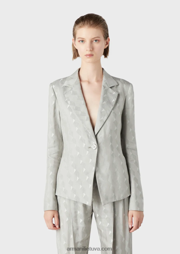 moterys pilka Armani vieneilis švarkas iš skysto vario ir lino mišinio žakardo su geometriniu raštu 02482X62