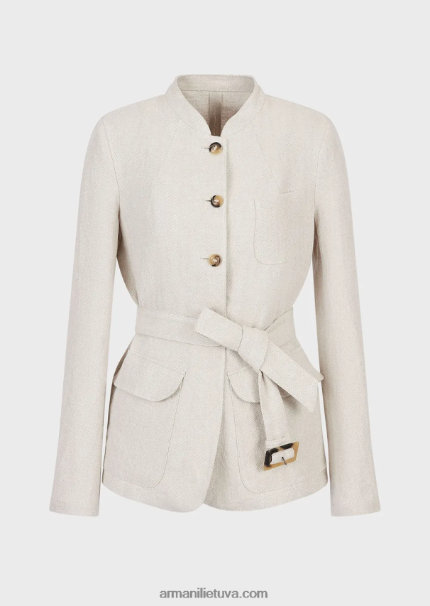 moterys smėlio spalvos Armani Guru striukė su apykakle su mikro ševrono lino diržu 02482X51