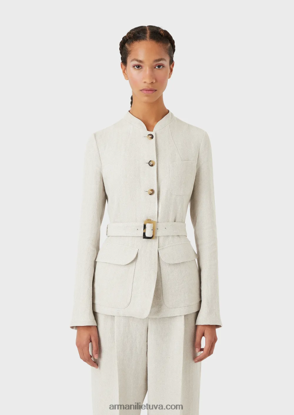 moterys smėlio spalvos Armani Guru striukė su apykakle su mikro ševrono lino diržu 02482X51