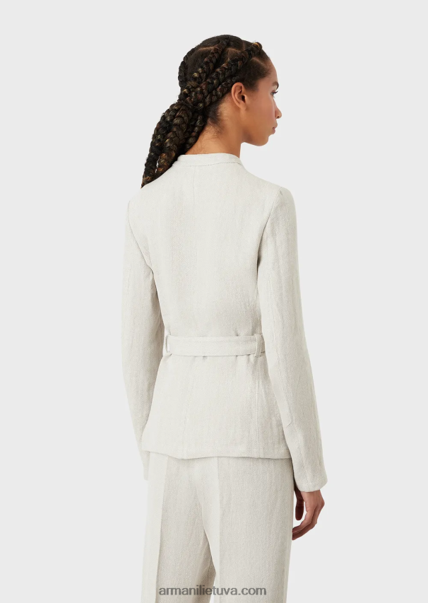 moterys smėlio spalvos Armani Guru striukė su apykakle su mikro ševrono lino diržu 02482X51