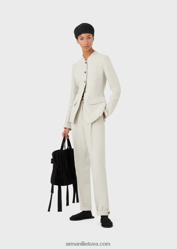 moterys smėlio spalvos Armani Guru striukė su apykakle su mikro ševrono lino diržu 02482X51