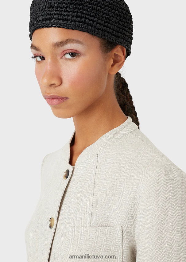 moterys smėlio spalvos Armani Guru striukė su apykakle su mikro ševrono lino diržu 02482X51