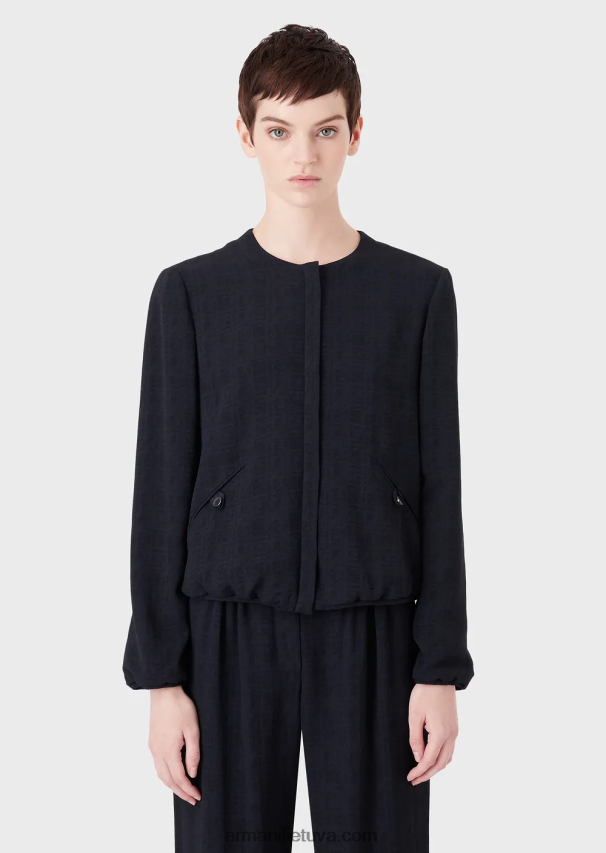 moterys tamsiai mėlyna Armani striukė su įtemptu kaklu su užtrauktuku iš gradiento languoto žakardo audinio 02482X58