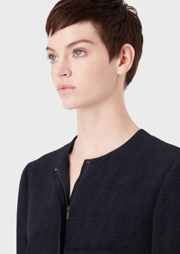 moterys tamsiai mėlyna Armani striukė su įtemptu kaklu su užtrauktuku iš gradiento languoto žakardo audinio 02482X58