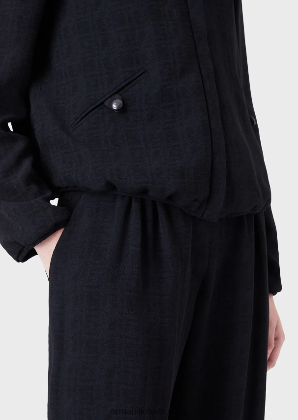 moterys tamsiai mėlyna Armani striukė su įtemptu kaklu su užtrauktuku iš gradiento languoto žakardo audinio 02482X58