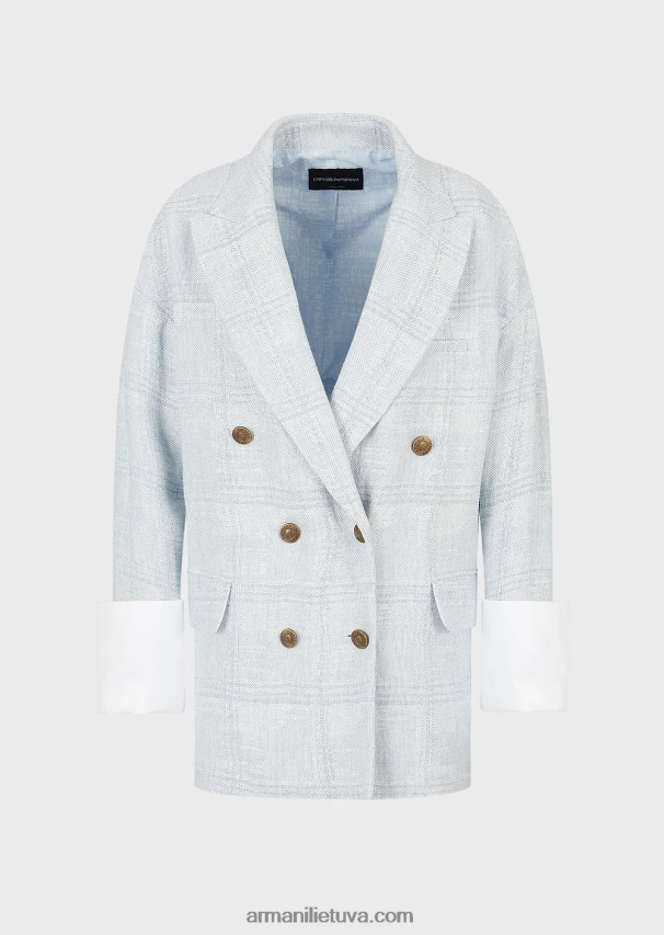 moterys žydros spalvos Armani Didelio dydžio dvieilis švarkas Velso princo čekio lino ir kanapių mišinio 02482X2740