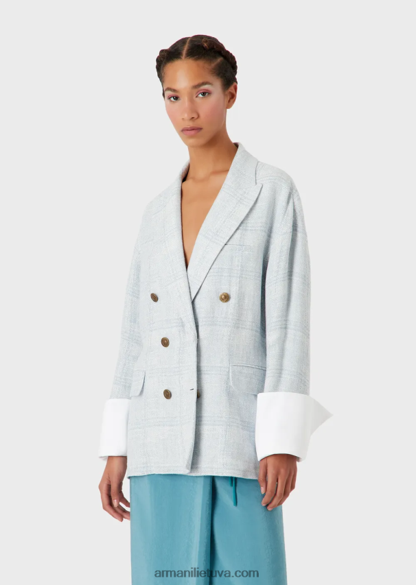 moterys žydros spalvos Armani Didelio dydžio dvieilis švarkas Velso princo čekio lino ir kanapių mišinio 02482X2740