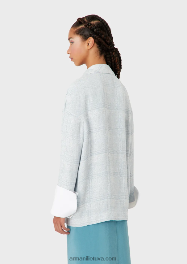 moterys žydros spalvos Armani Didelio dydžio dvieilis švarkas Velso princo čekio lino ir kanapių mišinio 02482X2740